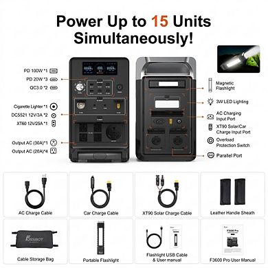 Fossibbot 3600W Portable Power Station-3840Wh Mobile Solar Generator-Rechargeable Emergency Battery