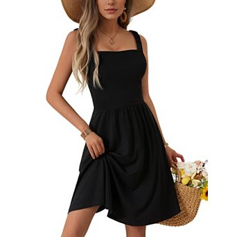 Women's Summer Square Neck Midi Dress Pocket Sleeveless High Waist A-line