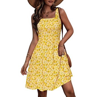 Women's Summer Square Neck Midi Dress Pocket Sleeveless High Waist A-line