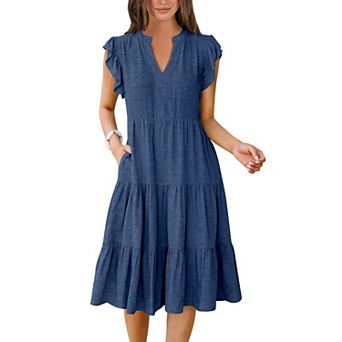 Women Summer Dress Ruffle V Neck Midi Flowy Tiered Boho Beach Sundress