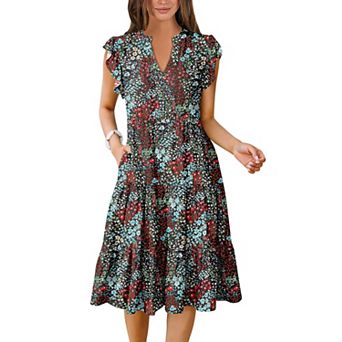 Women Summer Dress Ruffle V Neck Midi Flowy Tiered Boho Beach Sundress