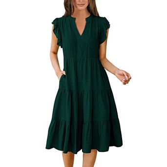 Women Summer Dress Ruffle V Neck Midi Flowy Tiered Boho Beach Sundress