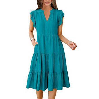 Women Summer Dress Ruffle V Neck Midi Flowy Tiered Boho Beach Sundress