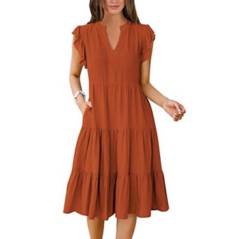 Women Summer Dress Ruffle V Neck Midi Flowy Tiered Boho Beach Sundress