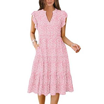 Women Summer Dress Ruffle V Neck Midi Flowy Tiered Boho Beach Sundress