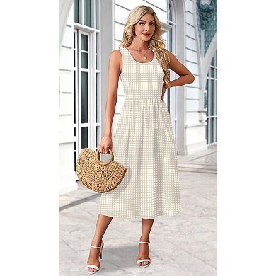 Summer Dress Women Flowy Midi Beach Vacation Pockets Gingham