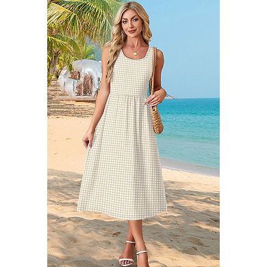 Summer Dress Women Flowy Midi Beach Vacation Pockets Gingham