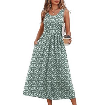 Summer Dress Women Flowy Midi Beach Vacation Pockets Gingham