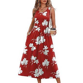 Summer Dress Women Flowy Midi Beach Vacation Pockets Gingham
