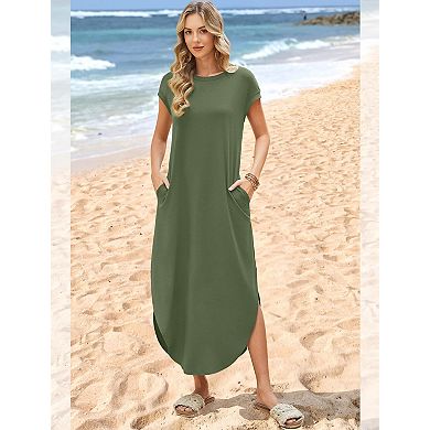 Summer Maxi Dress Cap Sleeve Crewneck Pockets Casual Beach Vacation