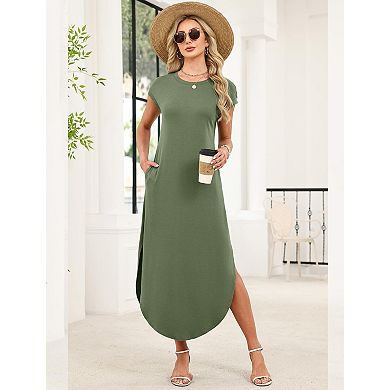 Summer Maxi Dress Cap Sleeve Crewneck Pockets Casual Beach Vacation