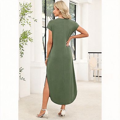 Summer Maxi Dress Cap Sleeve Crewneck Pockets Casual Beach Vacation