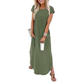Summer Maxi Dress Cap Sleeve Crewneck Pockets Casual Beach Vacation