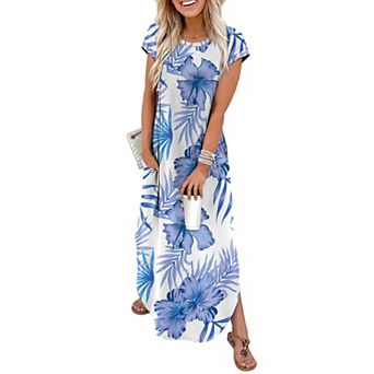 Summer Maxi Dress Cap Sleeve Crewneck Pockets Casual Beach Vacation