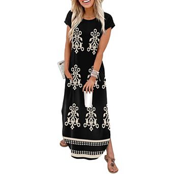 Summer Maxi Dress Cap Sleeve Crewneck Pockets Casual Beach Vacation