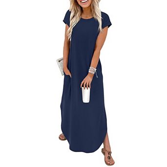 Summer Maxi Dress Cap Sleeve Crewneck Pockets Casual Beach Vacation