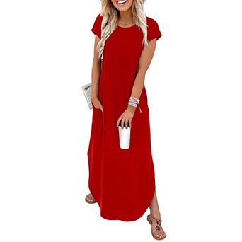 Summer Maxi Dress Cap Sleeve Crewneck Pockets Casual Beach Vacation