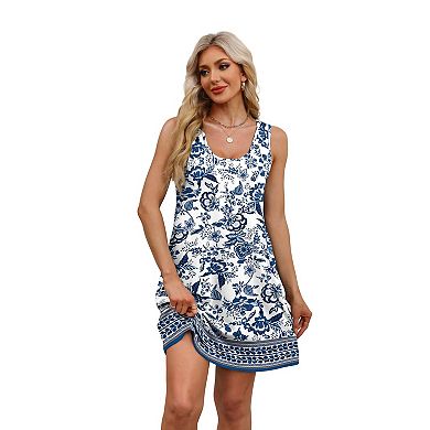 Women Summer Dress U Neck Sleeveless Pockets Solid color floral pattern