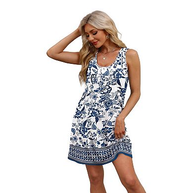 Women Summer Dress U Neck Sleeveless Pockets Solid color floral pattern