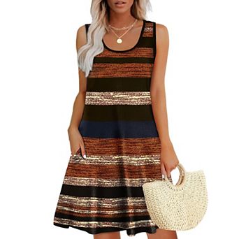 Women Summer Dress U Neck Sleeveless Pockets Solid color floral pattern