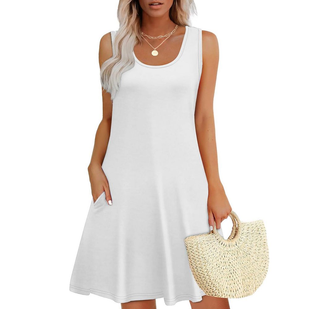 Women Summer Dress U Neck Sleeveless Pockets Solid color floral pattern