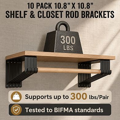 10 Pack Heavy Duty Matte Black Steel Closet Rod Brackets 300 Lbs Load Capacity