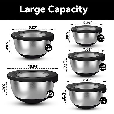 Stainless Steel Mixing Bowls (5-Pc) with Airtight Lids, Non-Slip Base