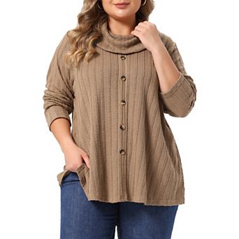 Women's Plus Size Cowl Neck Long Sleeve Textured Knit Top with Button Detail