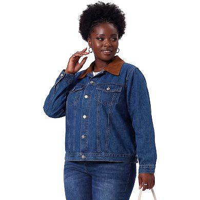 Women's Plus Size Denim Jacket Patch Collar Long Sleeve Button Vintage Western Outfit Jean Jackets