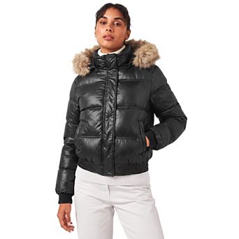 Women's Faux Fur Trim Hooded Jacket Puffer Cropped Hidden Button Zip Up Elastic Hem Quilted Coats