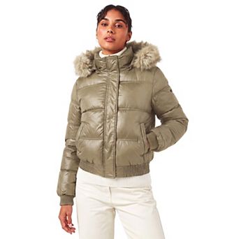 Women's Faux Fur Trim Hooded Jacket Puffer Cropped Hidden Button Zip Up Elastic Hem Quilted Coats