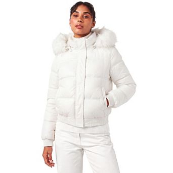 Women's Faux Fur Trim Hooded Jacket Puffer Cropped Hidden Button Zip Up Elastic Hem Quilted Coats