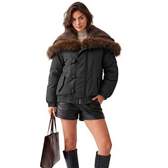 Women's Faux Fur Trim Jacket Cropped Adjustable Fleece Lined Hood Toggle Buttons Puffer Zip Up Parka
