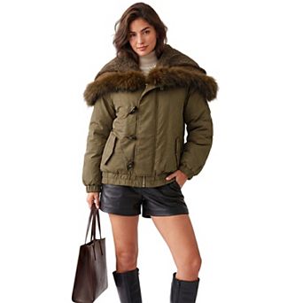 Women's Faux Fur Trim Jacket Cropped Adjustable Fleece Lined Hood Toggle Buttons Puffer Zip Up Parka