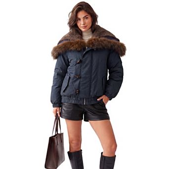 Women's Faux Fur Trim Jacket Cropped Adjustable Fleece Lined Hood Toggle Buttons Puffer Zip Up Parka