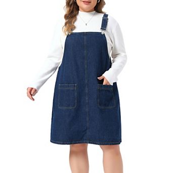 Women's Plus Size Denim Overalls Dress Loose Fit Pinafore Dress Jumper Dresses Jean Overall Dress