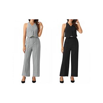 2 Packs Two Piece Outfits for Women's Casual Sleeveless Crop Top V Neck Wide Leg Pants Sweatsuits