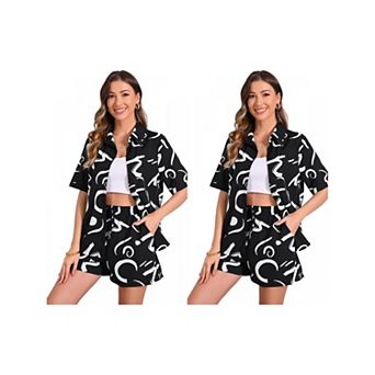2 Packs Casual 2 pc Outfits for Women's Short Sleeve Button Down Pajama Beach Sets