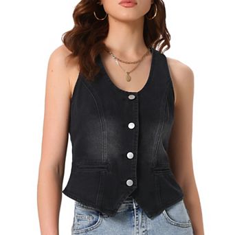 Denim Vest for Women Sleeveless U Neck Button Down Pockets Western Vests Top Cropped Jean Waistcoat