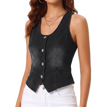 Denim Vest for Women Sleeveless U Neck Button Down Pockets Western Vests Top Cropped Jean Waistcoat