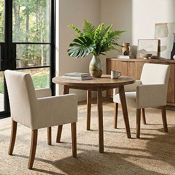 Set of 2 Linen Upholstered Dining Chairs with Arms for Dining Room or Living Room