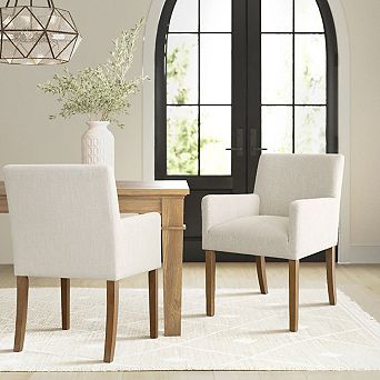 Set of 2 Linen Upholstered Dining Chairs with Arms for Dining Room or Living Room