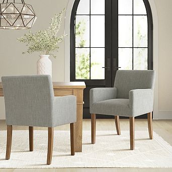 Set of 2 Linen Upholstered Dining Chairs with Arms for Dining Room or Living Room