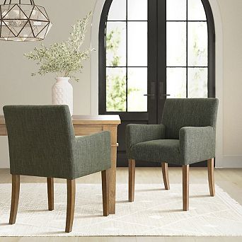 Set of 2 Linen Upholstered Dining Chairs with Arms for Dining Room or Living Room