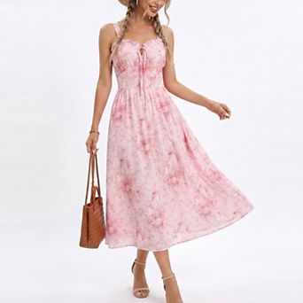 Women's Floral Print Tie Front Smocked Back Midi Dress