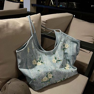 Embroidered Denim Tote Bag for Women, Casual Everyday Carry