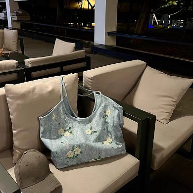 Embroidered Denim Tote Bag for Women, Casual Everyday Carry