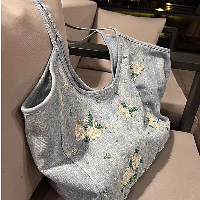 Embroidered Denim Tote Bag for Women, Casual Everyday Carry