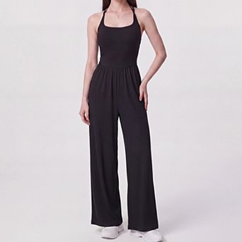Women's Sleeveless Halter Neck Wide Leg Jumpsuit with Ribbed Bodice Gathered Waist and Flowy Pants