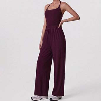 Women's Sleeveless Halter Neck Wide Leg Jumpsuit with Ribbed Bodice Gathered Waist and Flowy Pants